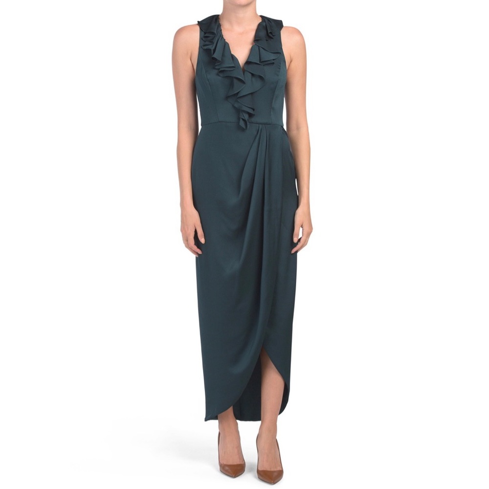 Shona Joy Luxe Plunge Frill Draped Dress Emerald 6